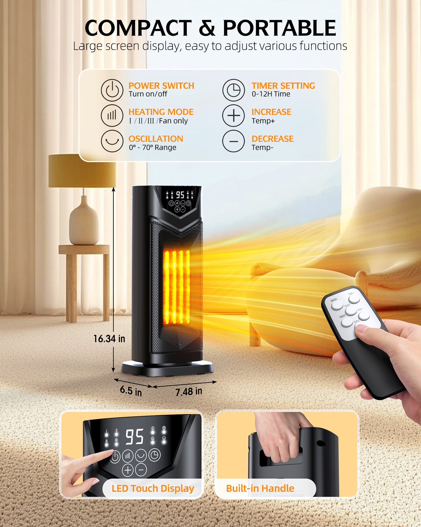 DUEDE Space Heater, 1500W Electric PTC Ceramic Heater for Indoor Use with Thermostat & 4 Fan Mode, 12H Timer, Remote, 2026 Upgraded Fast & Safety Portable Heat for Bedroom, Living Room