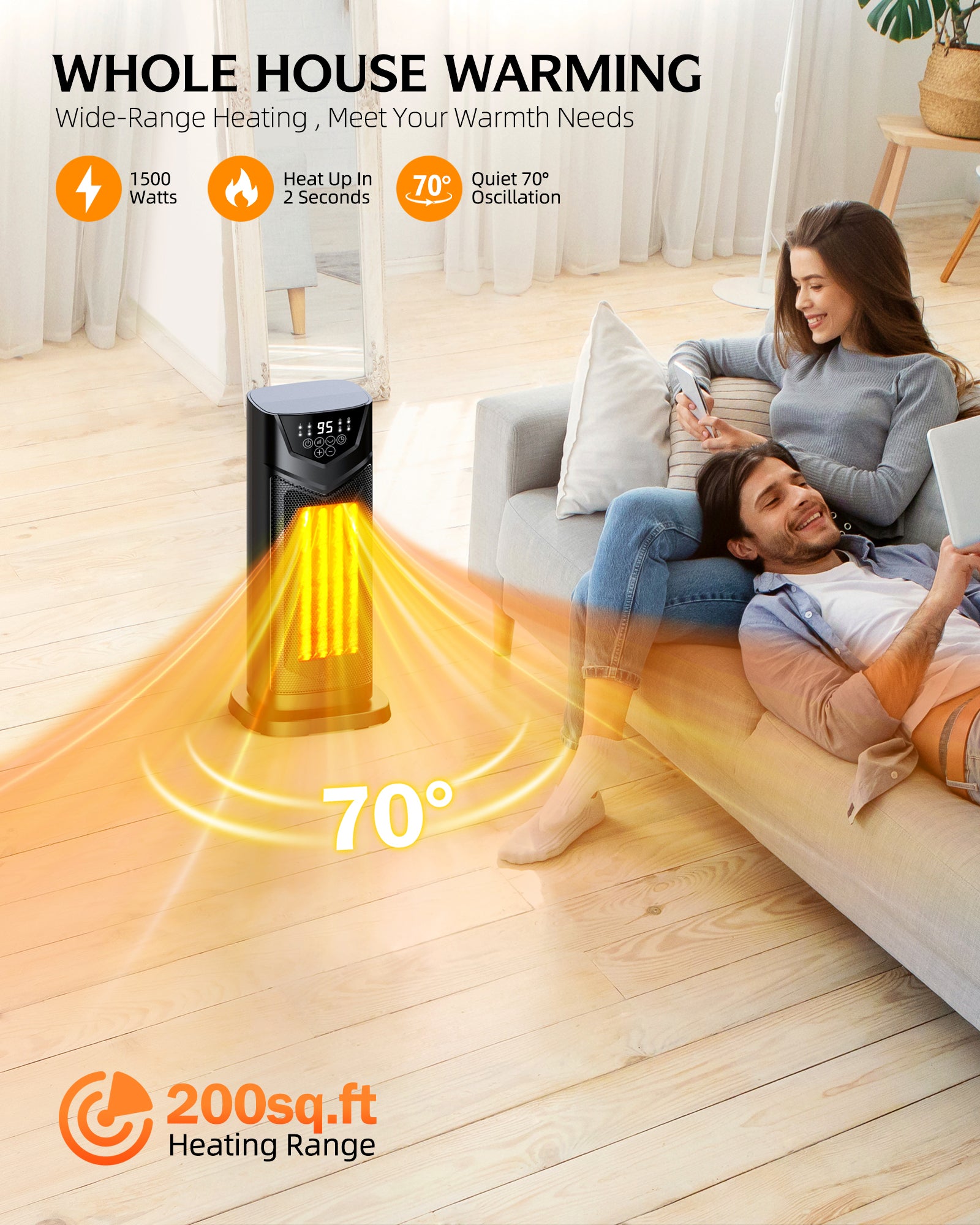 DUEDE Space Heater, 1500W Electric PTC Ceramic Heater for Indoor Use with Thermostat & 4 Fan Mode, 12H Timer, Remote, 2026 Upgraded Fast & Safety Portable Heat for Bedroom, Living Room