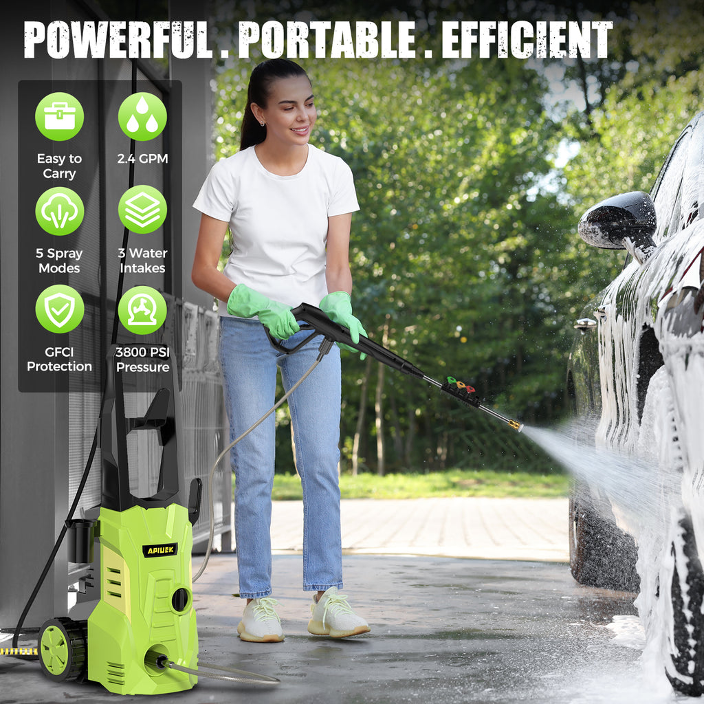DUEDE Electric Pressure Washer - Portable Power Washer with Soap-Adjustable Tank, Steel Spray Wand, 4 Pressure Tips, 6.6 FT Inlet & 23 FT Outlet Hose, 3800PSI & 2.4GPM, for Patio/Car/Driveway/Fence