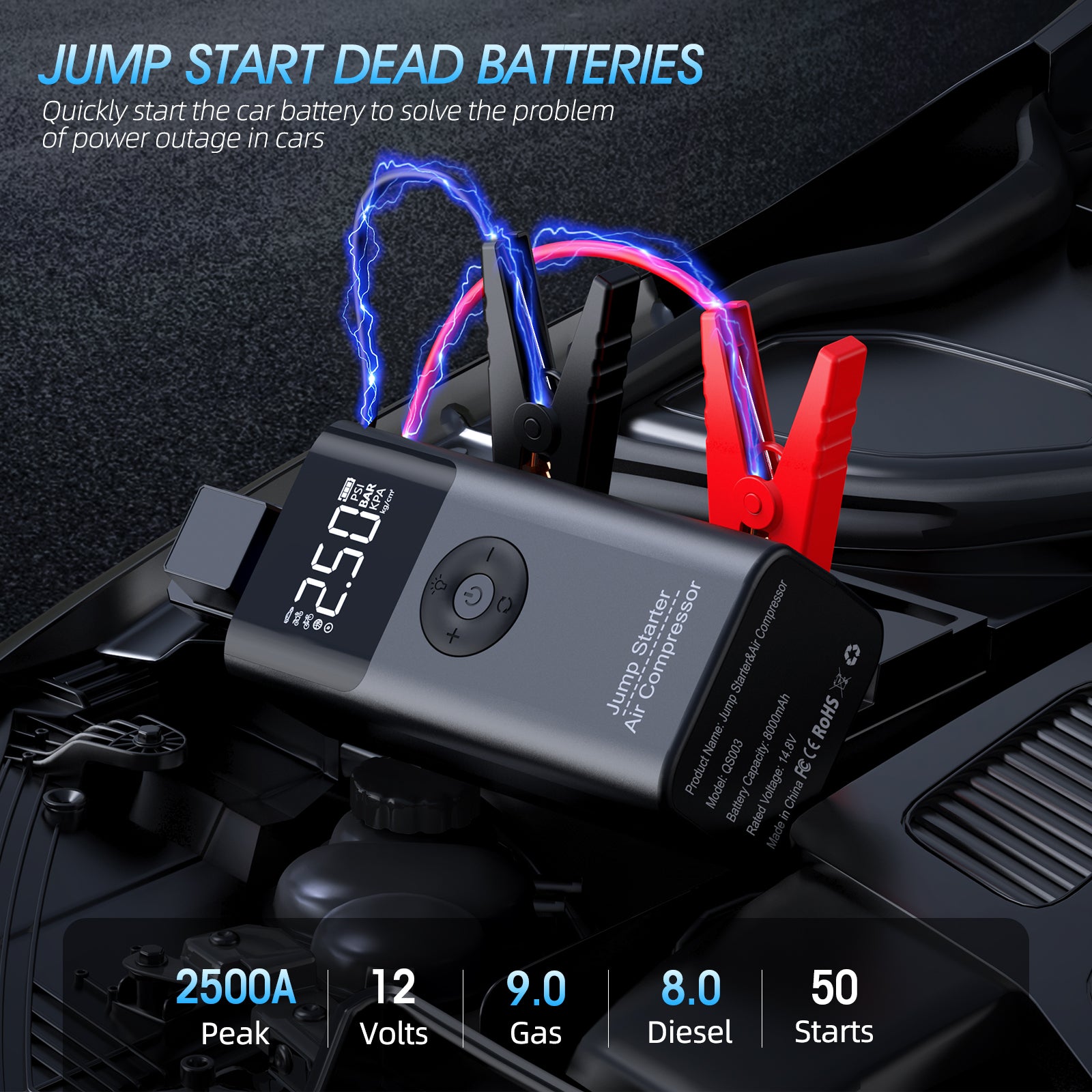 Jump Starter with Air Compressor, 2500A 150PSI Portable Car Battery Booster (9 Gas/8 L Diesel), 12V Jump Box with Fast Charge, Auto-Shutoff Tire Inflator, Road Trip Essentials with Smart Clamps